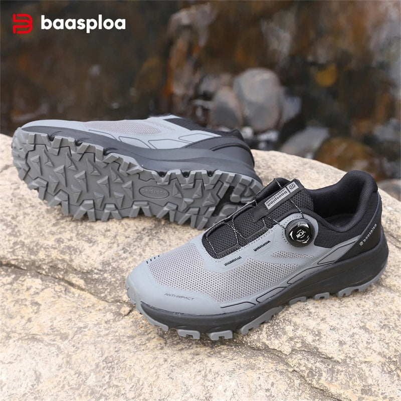 Baasploa New Men Outdoor Sneakers Mesh Breathable Rotating Button Hiking Shoes Male Comfort Rubber Sole Non-Slip Walking Shoes