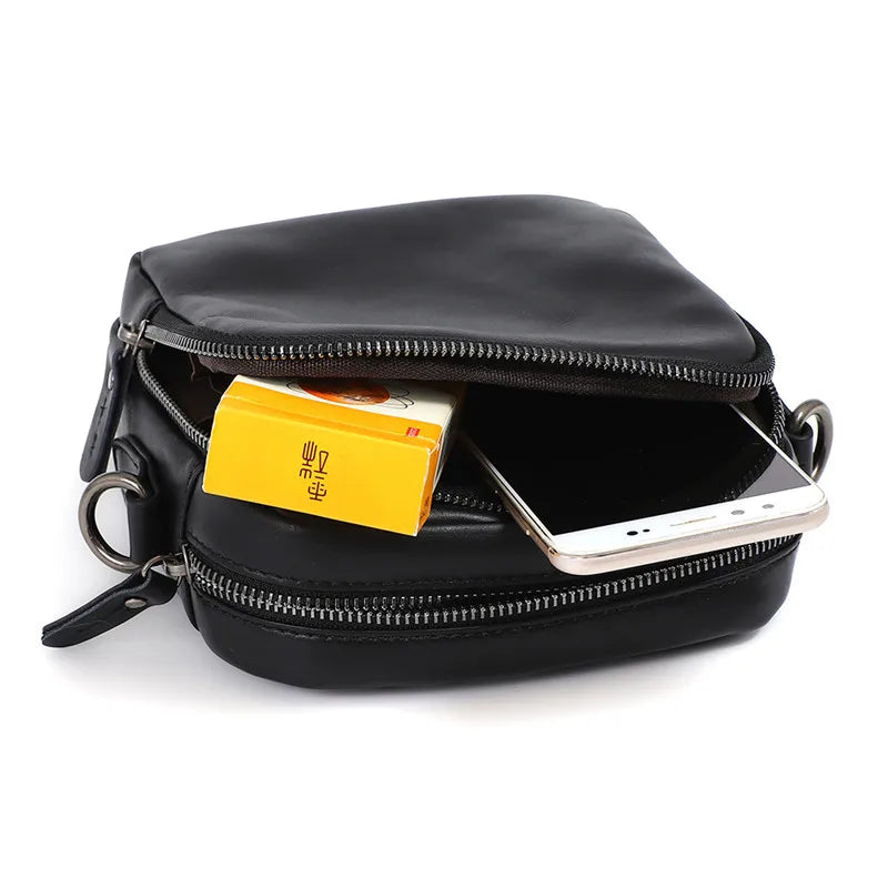 Vintage Brown Men's Waist Packs Genuine Cowhide Leather Leisure Crossbody Shoulder Square Bag 2024 Double Zipper Belt Purse