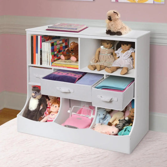 Kids Toy Storage Organizer, Organization Storage Cabinet W/Display Shelf & 3 Removable Fabric Bins, Wooden Toy Storage Unit