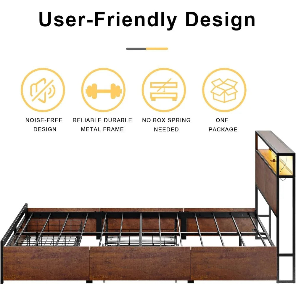 Bed Frame with Storage Headboard and 4 Drawers Bed Frame Size with Charging Station LED Lights Metal Platform Non-Sl