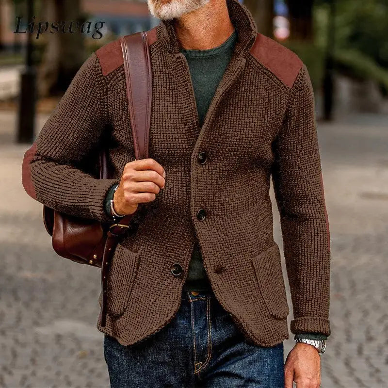 Vintage Patchwork Stand Collar Knitted Jackets Men Spring Casual Button Sweater Cardigan Mens Fashion Slim Knitting Sweatercoats