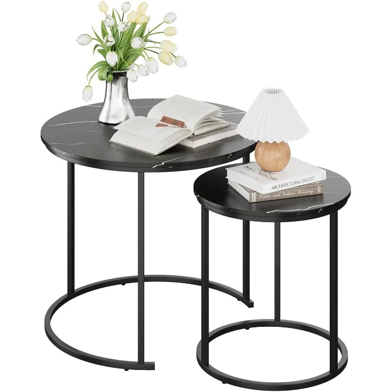 Coffee Table Nesting Black Set of 2 Side - Black Frame and Round Black Marble Wood Table, Industrial End Table Side .
