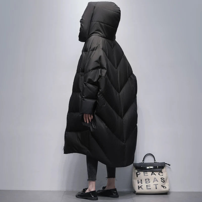 Winter Long Down Jacket Female 2025 New Korean Bat sleeve Hooded 90% White duck down Coat Women's Loose Warm Parkas Overcoat
