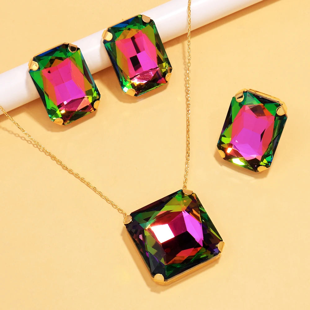 Stonefans Exaggerated Square Jewelry Sets Dubai Wedding Accessories Bridal Large Rhinestone Necklace Earrings Ring Set for Women