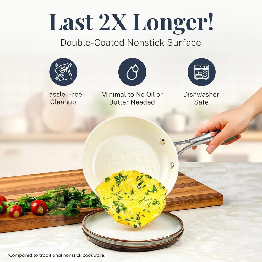 Hammered 15 Pc Ceramic Pots and Pans Set Non Stick Pots and Pan Set Dishwasher Safe Cream White Cookware Kitchen Dining Bar Home