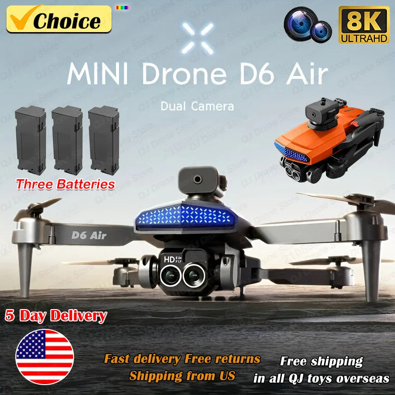 New D6 8K Drone Professional HD Dual Camera Optical Flow Localization Obstacle Avoidance WIFI FPV RC Foldable Quadcopter Toys