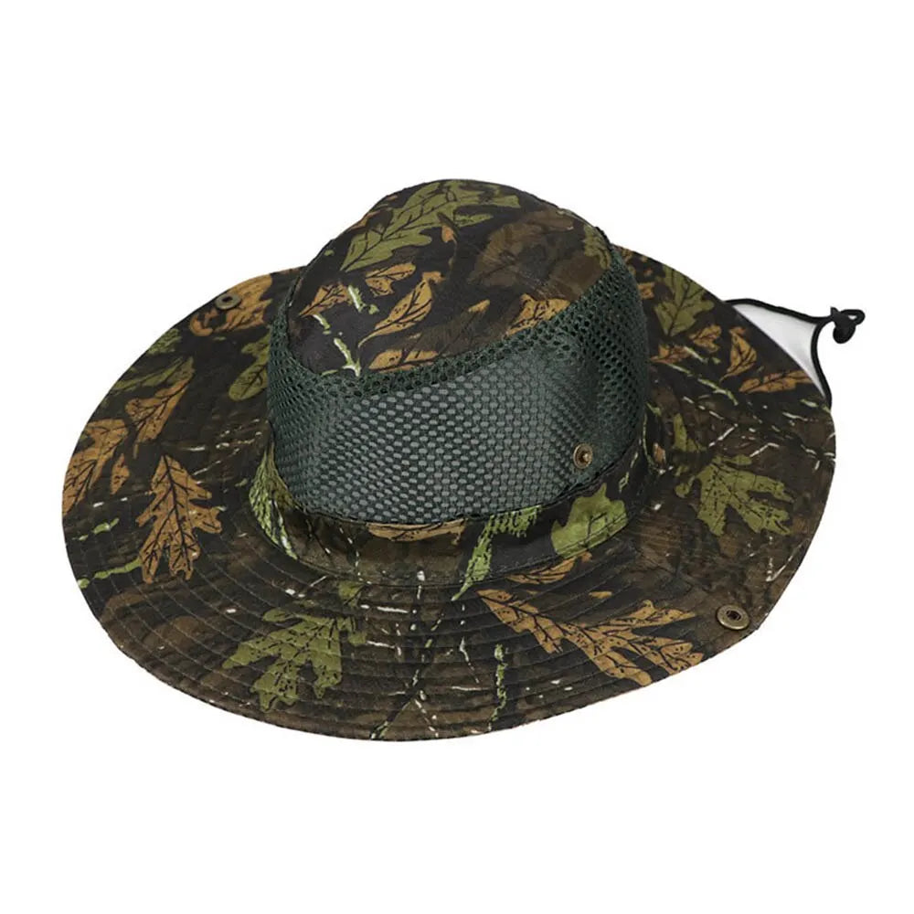 Outdoor Sunhat Hunting Fishing Cap Outdoor Wide Brim Sun Cap Mesh Breathable Camouflage leaves Hat Man Sun Cap