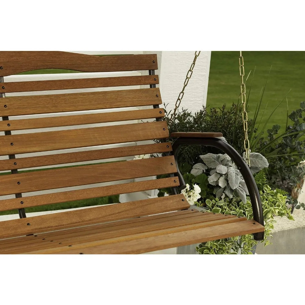 Country Garden Outdoor Patio Swing Powder Coated Steel Frame Wooden Seat Attachment with Chains, Holds Up to 500 Pound