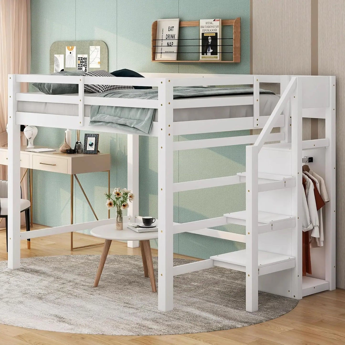 Loft Bed,Full Size Loft Bed with Storage Staircase and Hanger for Clothes, High Loft Bed Frame for Kids Teens Girls Boys Bedroom