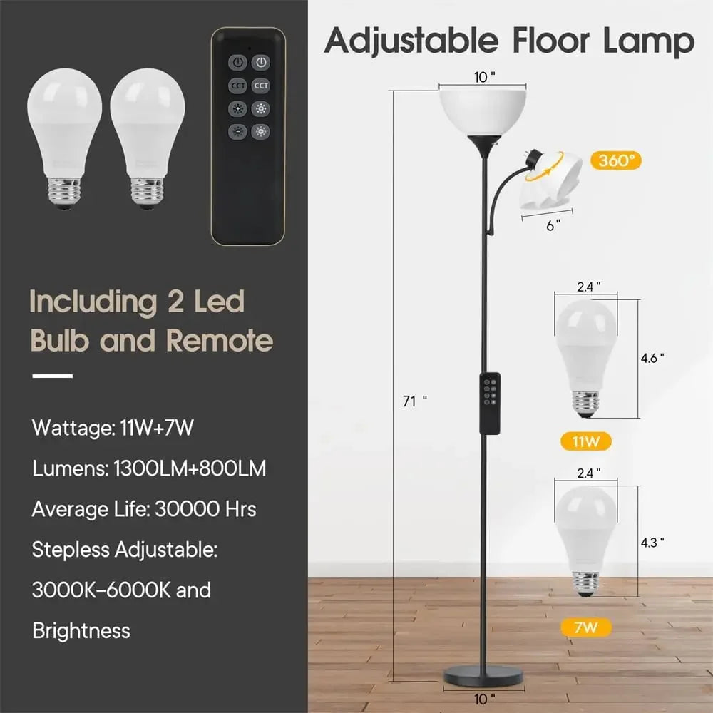 Led Floor Lamp, Super Bright 11W+7W 2100LM Torchiere Floor Lamps for Living Room, Stepless Adjustable 3000K-6000K Temperatures
