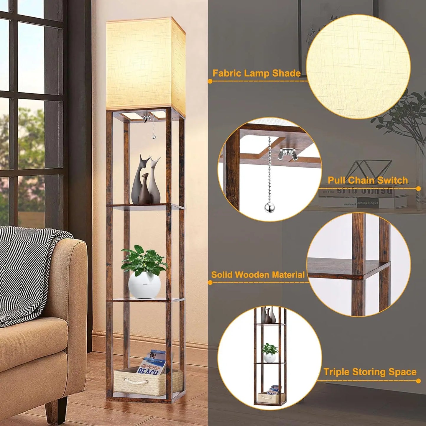 Floor Lamp with Shelves for Living Room Brown, Shelf Floor Lamp with 3 CCT LED Bulb