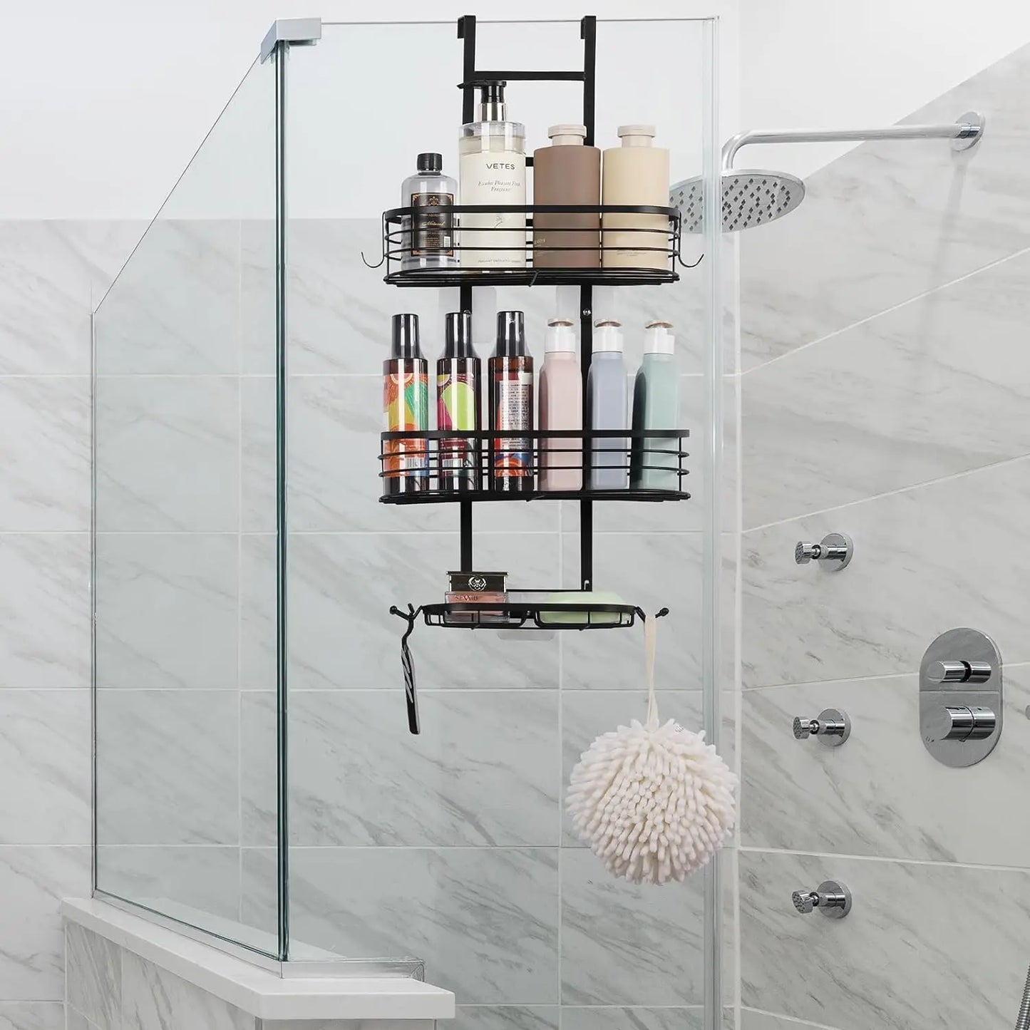 Bathroom hanging shower rack, shower storage rack with 4 hooks, rust proof and waterproof shower storage rack