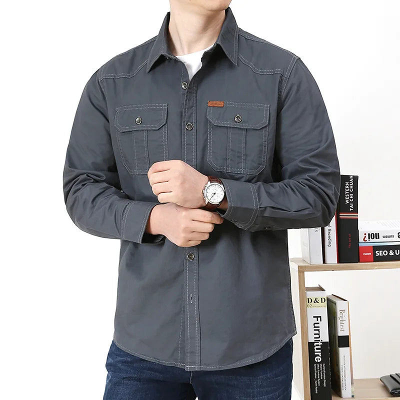 2023 Spring Autumn Denim Men Shirts Long Sleeve 100% Cotton  Outdoor Sports Army Military Casual Shirts Hiking Camping Clothing