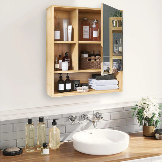 Wall Medicine Cabinet Cupboard Natural Bamboo Bathroom Vanity Mirror 5 Open Storage Shelf