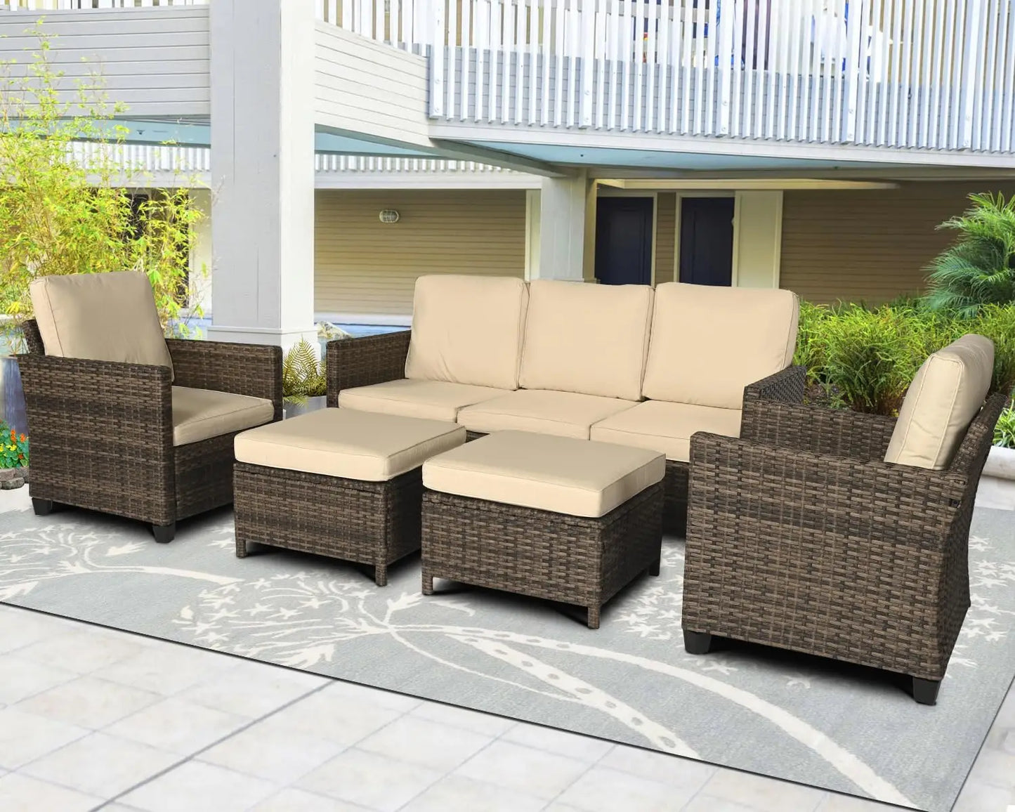 Rattan Outdoor Combination Reception Set, Terrace Furniture, 3 Outdoor Sofas, 2 Single Chairs, 2 Footstools