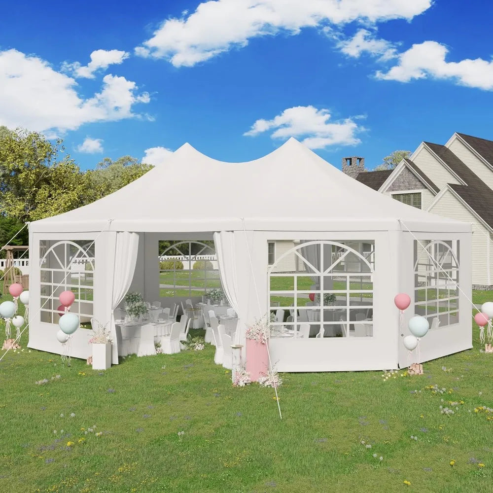 Party Tent, White Wedding Tent, Decagonal Heavy Duty Canopy with 8 Removable Sidewalls, 8 Church Windows and 2 Pull-Back Doors