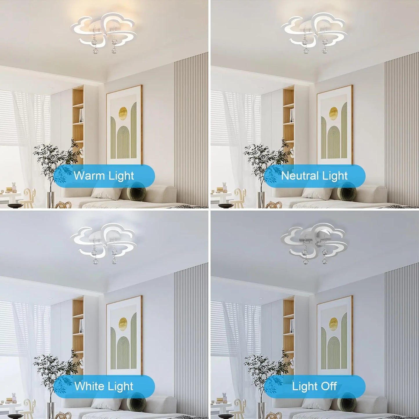 Modern LED Ceiling Light, 4-Head Flower Ceiling Light Fixture with Crystal and Remote Control, 3000K-6500K White Dimmable Chande
