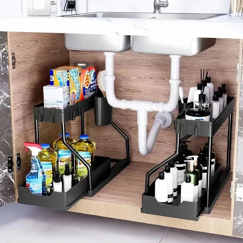 Kitchen Storage Rack Under Sink Organizer L-Shape Sliding Storage Shelf Cabinet Drawer Organizers Bathroom Kitchen Accessories