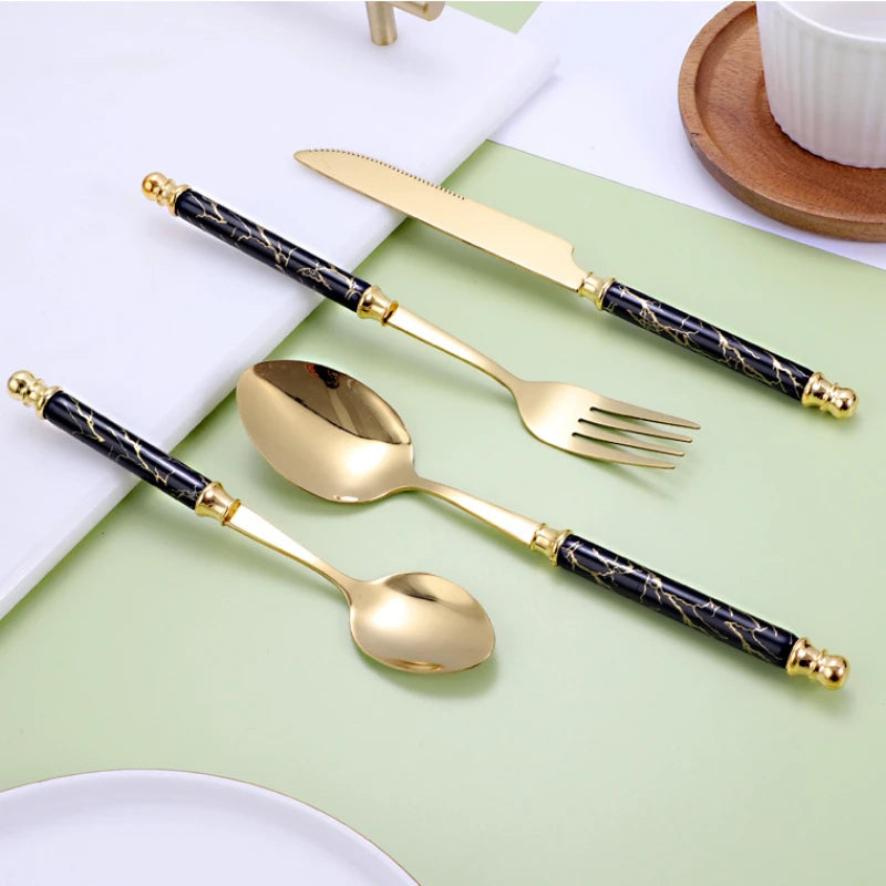 24-piece Set of Stainless Steel Cutlery with Rack, Exquisite Ceramic Handle Spoon and Fork Set Dishwasher Safe Cutlery Set