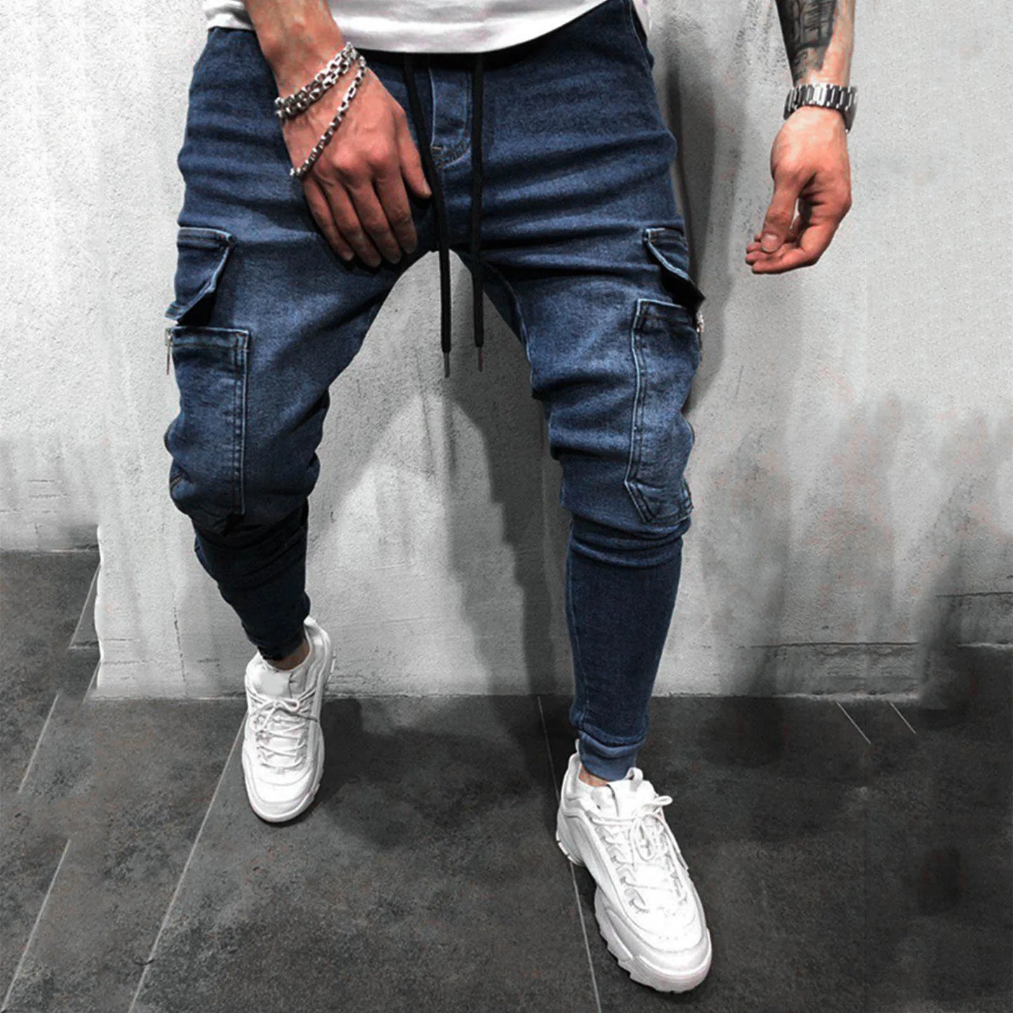 Summer Mens Fashion Pants Casual Pocket Waist Solid Color Slim Toe Jeans Pants With Drawstring Jeans For Male CalçA Masculina