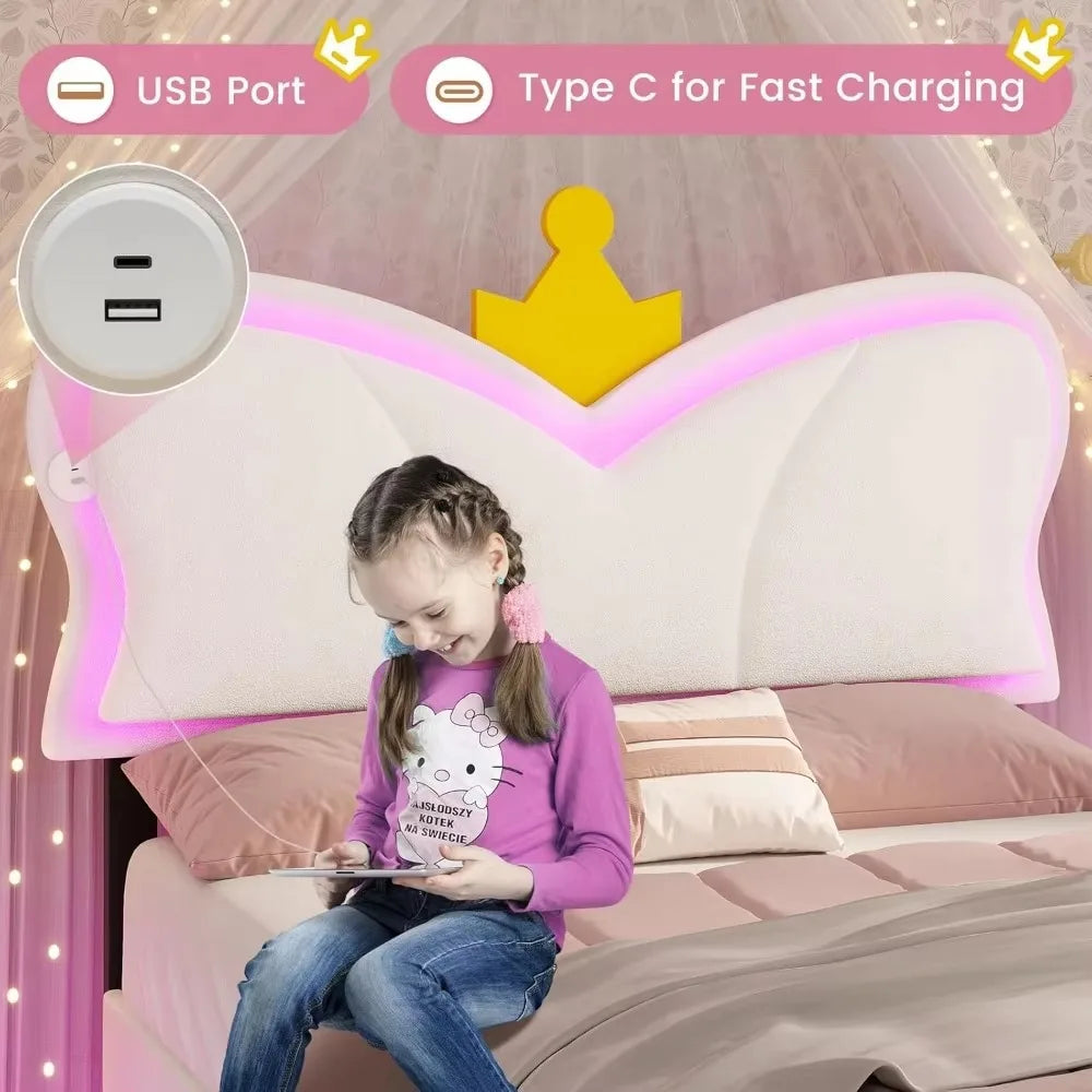 bedstead.Twin Bed Frames with LED Lights and Storage Drawer,Upholstered Bed Frame Twin Size with Height AdjustableCrownHeadboard