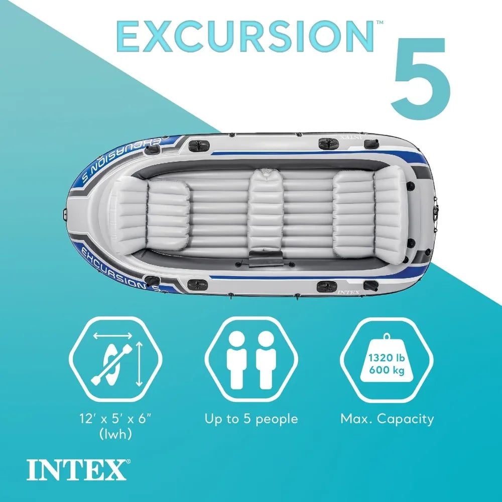 Excursion 5 Person Inflatable Boat Set with 2 Aluminum Oars and Pump, 12V Transom Mount Boat Trolling Motor