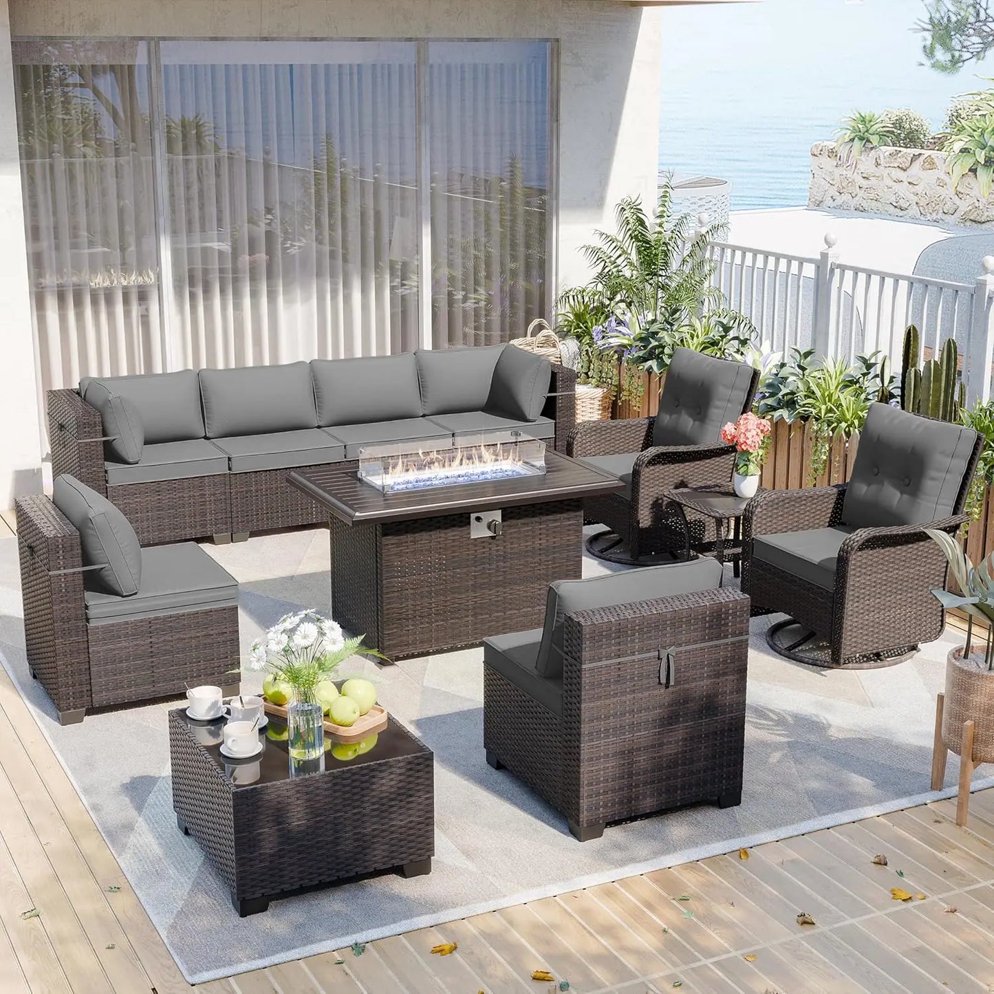 Patio Furniture Modularwith Swivel Chairs Outdoor Sectional Wicker Rattan w/Fire Pit Conversation Sofa Set for Backyard