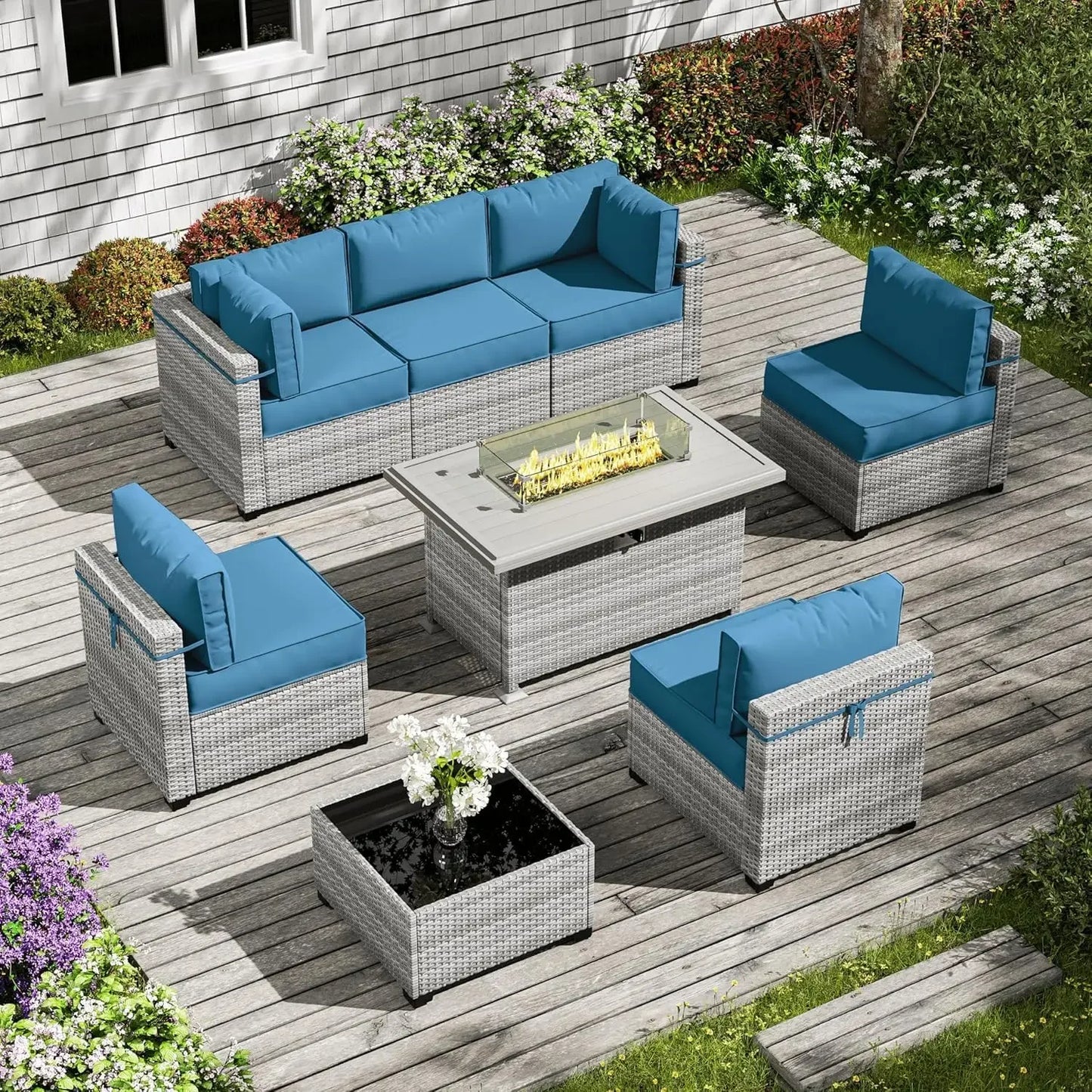 8-Piece Patio Furniture Set With Fire Pit Table, Seat Cushions Light Grey Outdoor Modular Wicker Conversation Set