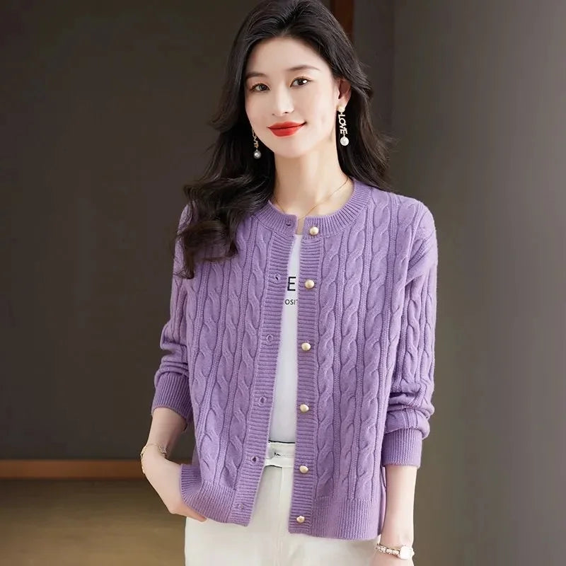 100% Mink Cashmere Cardigan Sweater Women's Knitted O-Neck Long Sleeve Top Casual Loose fitting Clothing Korean Fashion Pullover