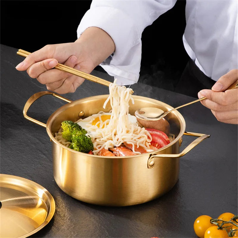 Korean Stainless Steel Instant Ramen Pot with Cover Golden Cookware Double Ears Cooking Pans Camping Noodles Pot Saucepan