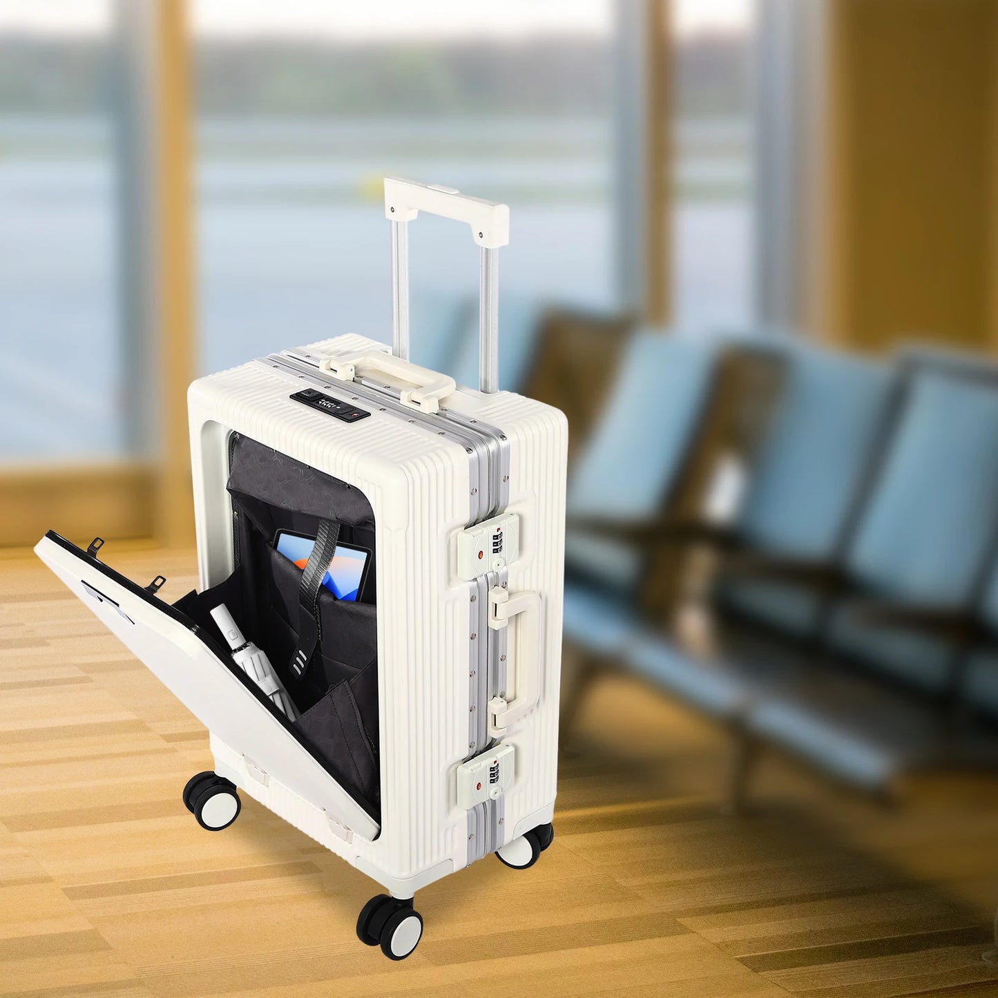 20" Front Open Boarding Suitcase Multifunctional Universal Wheel Suitcase Boarding box Rolling Luggage Bag with Cup holder