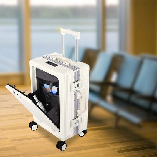 20" Front Open Boarding Suitcase Multifunctional Universal Wheel Suitcase Boarding box Rolling Luggage Bag with Cup holder