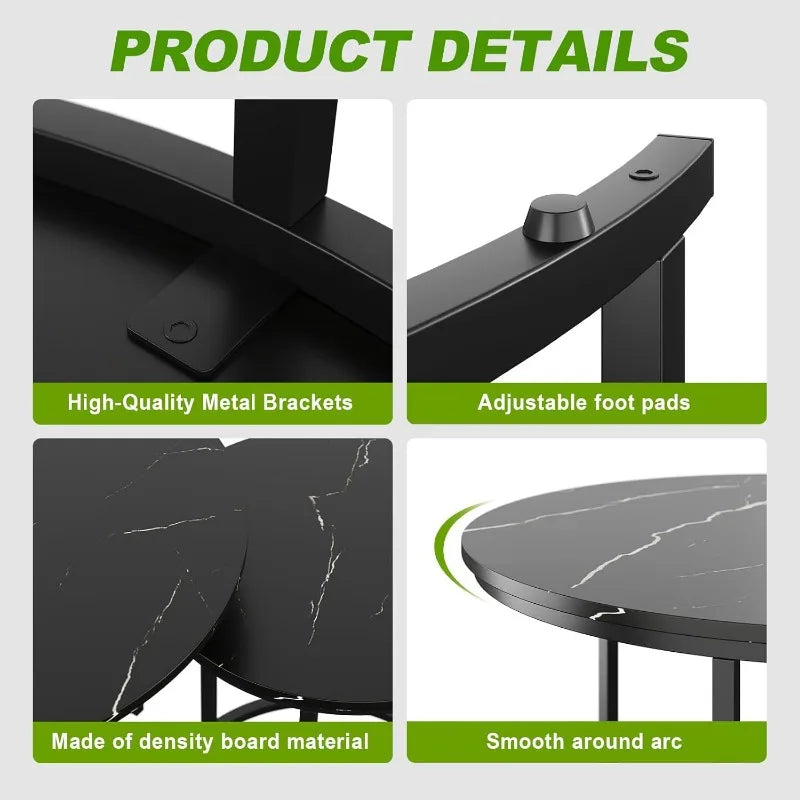 Coffee Table Nesting Black Set of 2 Side - Black Frame and Round Black Marble Wood Table, Industrial End Table Side .