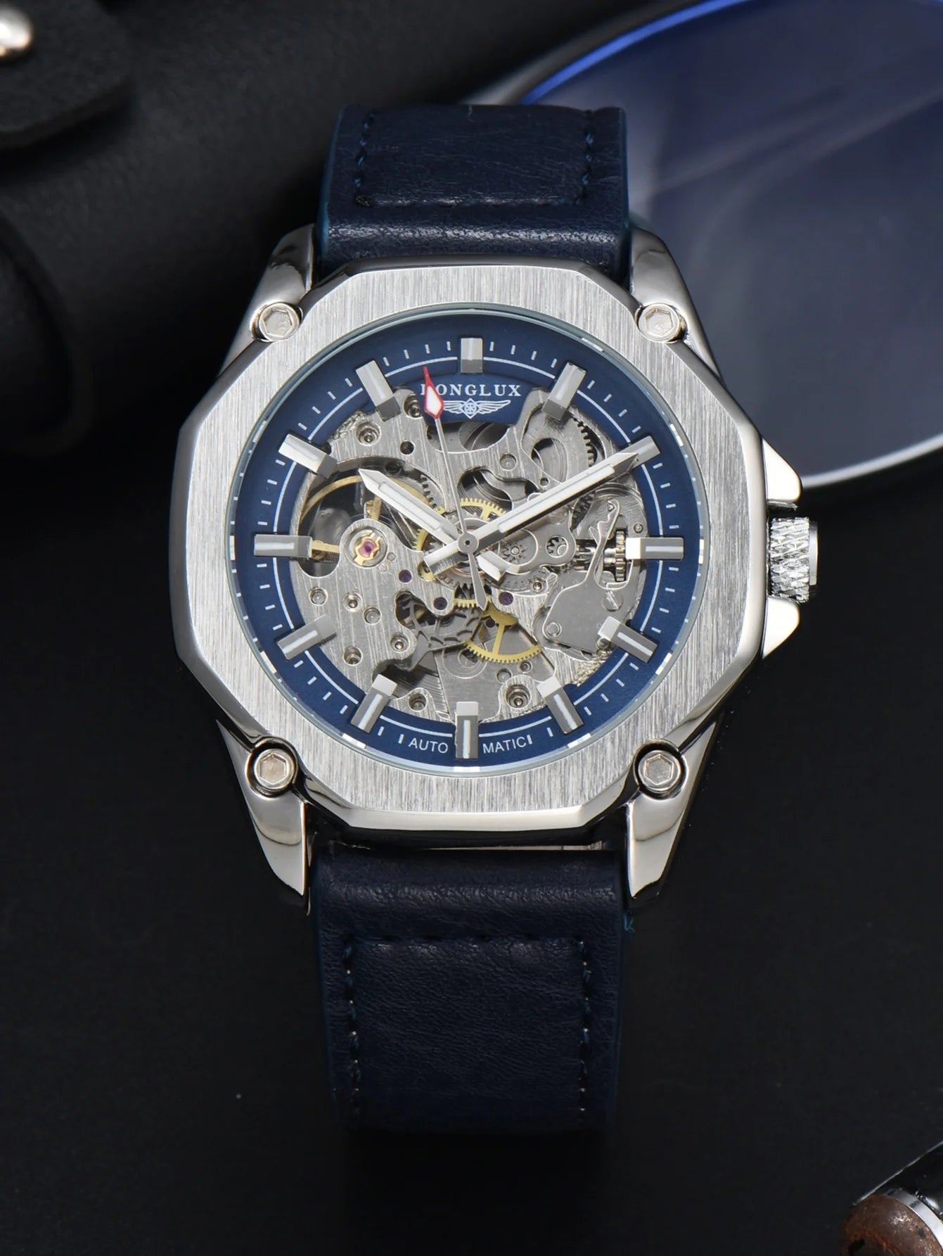 LONGLUX automatic watch sport style wholesale mechanical wristwatches fashion hollow leather mens watch men gift