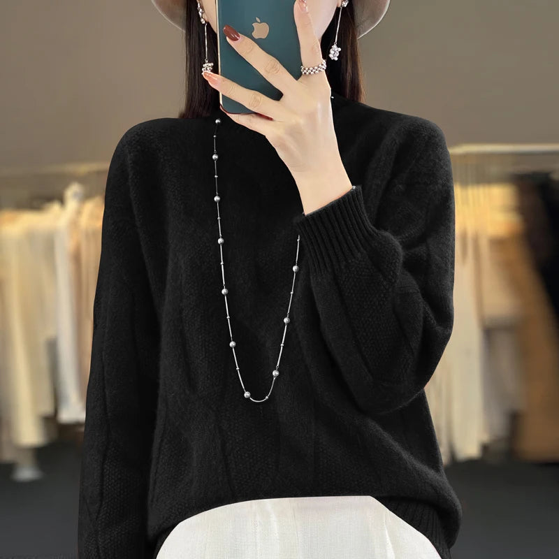 Women's pullovers fall/winter high-quality soft 100% merino wool sweater with half high neck and thick cashmere sweater top