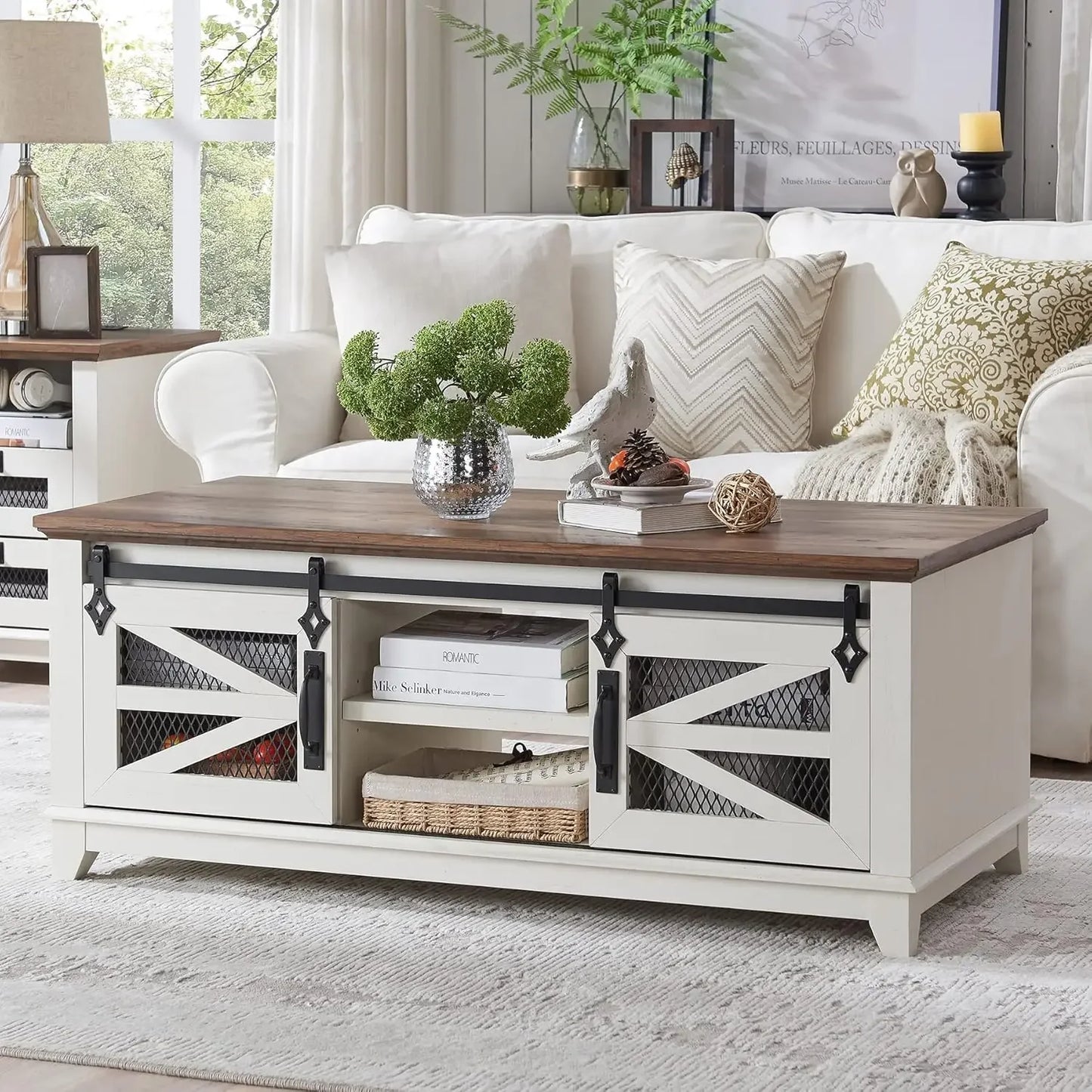 48'' Coffee Table with Storage & Sliding Barn Doors, Farmhouse & Industrial Cocktail Table w/Adjustable Shelves