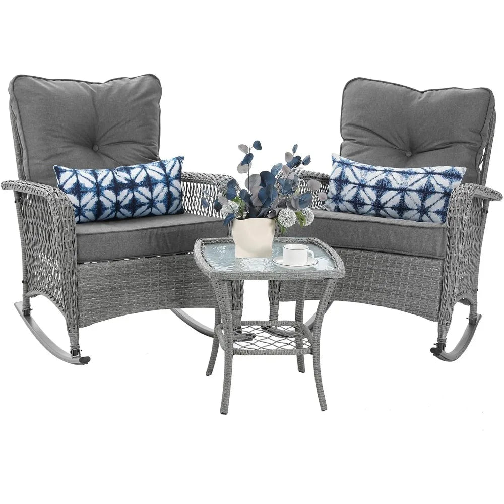 Patio Furniture Set 3 Pieces, Wicker Rocking Set with Thick Cushions, Outdoor Rocker Chairs and Coffee Table for Porch, Backyard