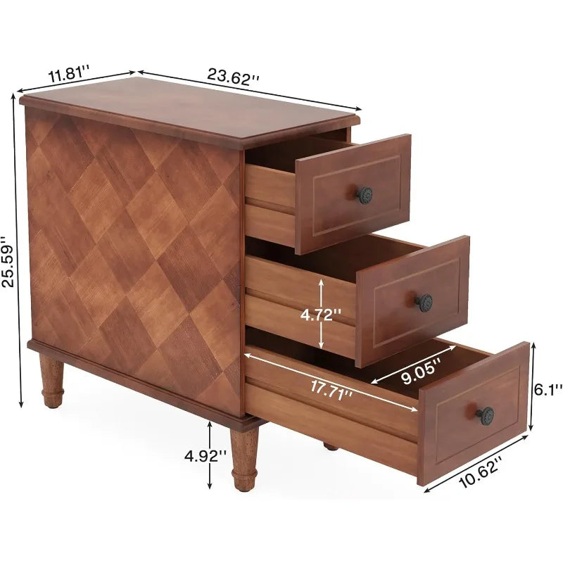 Fully Assembled End Table, Set of 2 Narrow Side Table with 3 Drawers