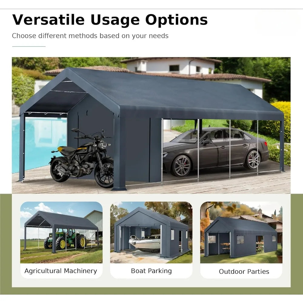 Heavy Duty Carport, Oversized Portable Garage Shelter, Outdoor Car Tent Tent with Rolled Up Sidewalls and Boat Truck Party Doors