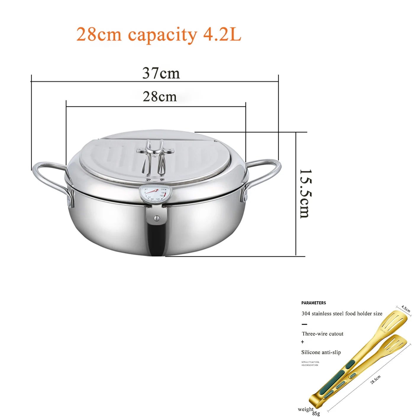304 Stainless Steel Pan ,Tempura Fryer Pan, Japanese Deep Frying Pot with a Thermometer and a Lid， cookware ，20 /24 /28cm