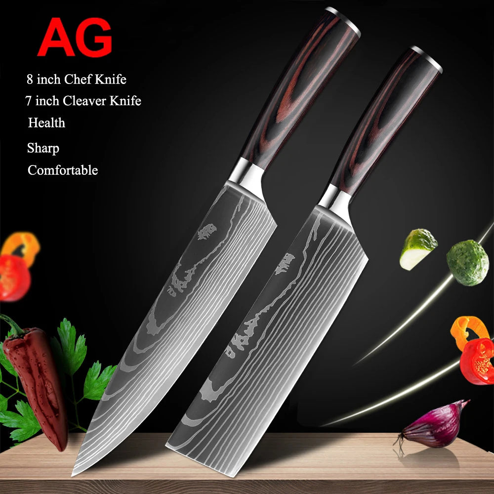 Sharp Japanese Kitchen Knife Set, Chef Knives, Laser Damascus Pattern, Sharp Cleaver, Slicing Utility Knife, Dropshipping