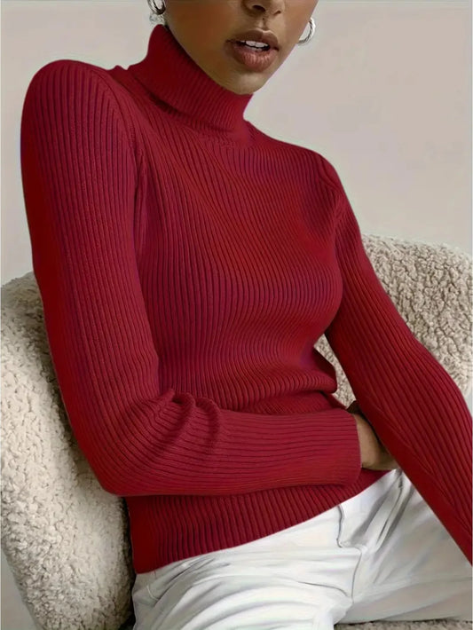 New Elegant Style Simplicity High Collar Solid Color Regular Sleeve Sweater Pullover