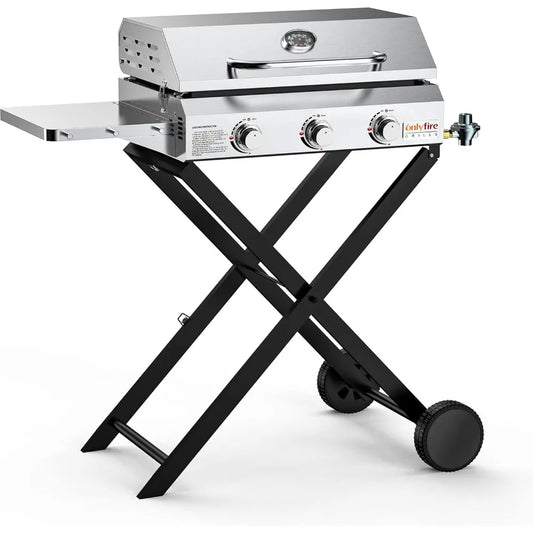 Foldable Cart & Side Table, Stainless Steel Flat Top Gas Grill Griddle Stove with Lid, for Outdoor Cooking Patio Backyard