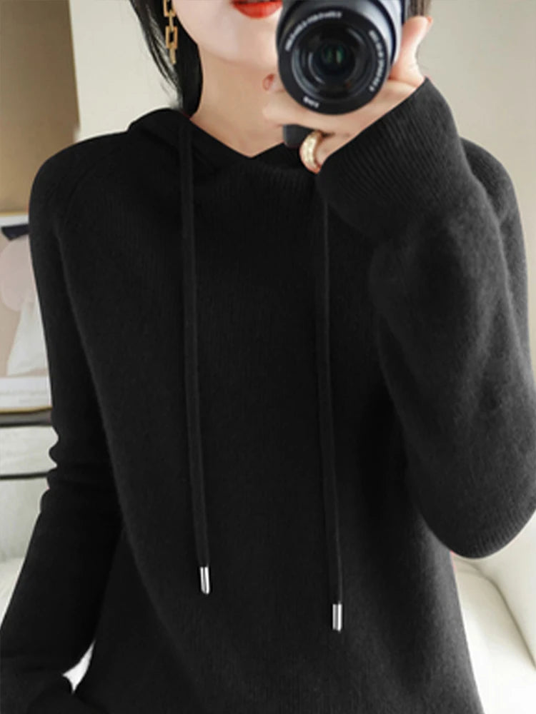 Winter Women's Knitted Cashmere Pullover Fashion Wool Sweater Hooded Neck Long Sleeve plane Soft&warm high-quality Basics Tops