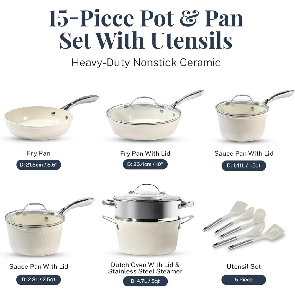 Hammered 15 Pc Ceramic Pots and Pans Set Non Stick Pots and Pan Set Dishwasher Safe Cream White Cookware Kitchen Dining Bar Home