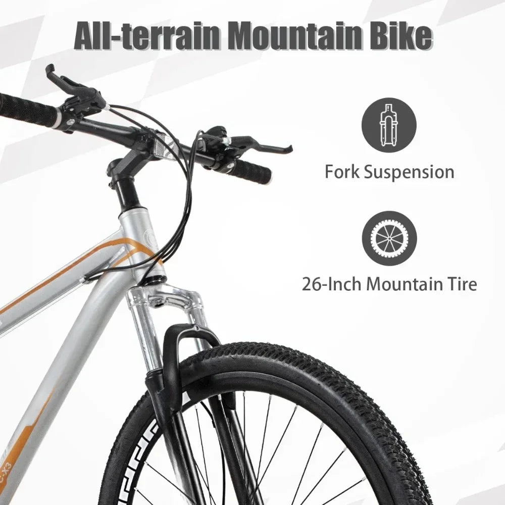 26 Inch Mountain Bike, Aluminum Frame, 21-Speed Dual Disc Brake Bicycle with Lock-Out Suspension Fork, Nomal Wheels Bicycles