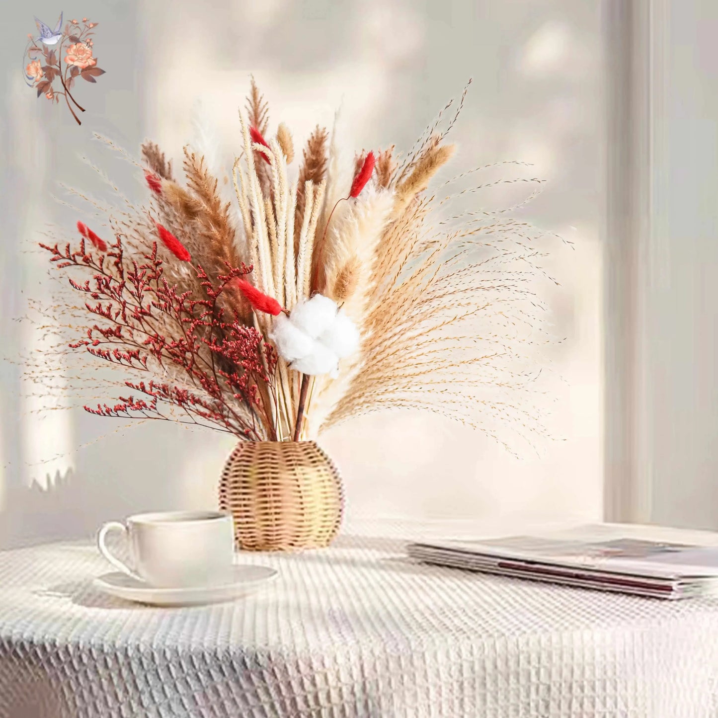 Natural Pampas Grass Bouquet Red Dried Flowers Decor Wedding Floral Arrangement Cotton Reeds DIY Home Bedroom Vase Decoration