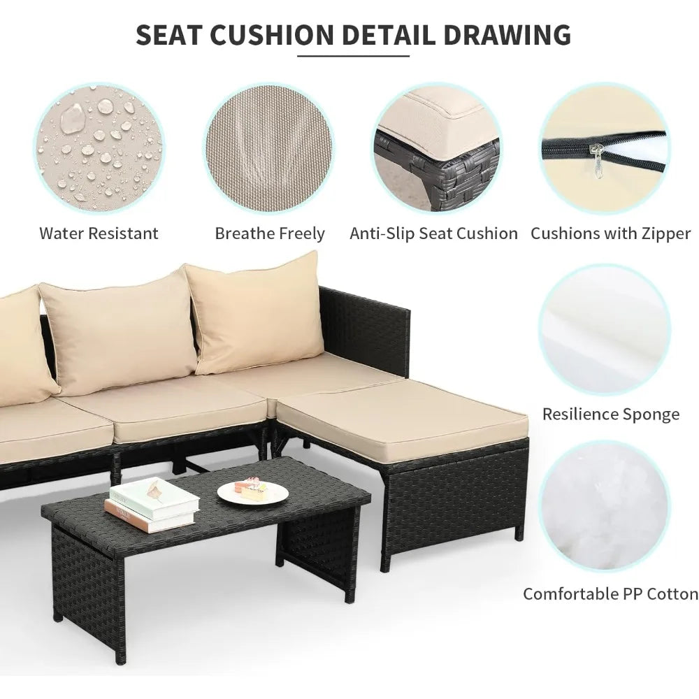 3-Piece Outdoor PE Rattan Furniture Set Patio Black Wicker Conversation Loveseat Sofa Sectional Couch Khaki Cushion