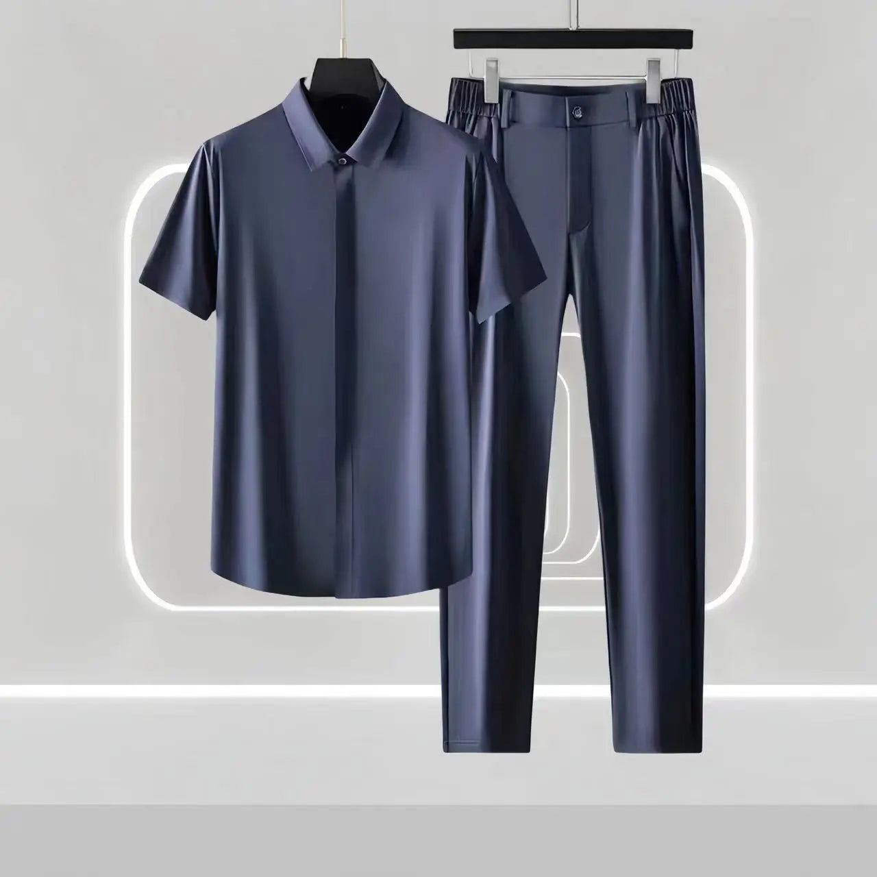 2024 Summer New Men's High end Business No iron Light Luxury Imitation Ice Silk Short sleeved Shirt Set Gentleman Style Set