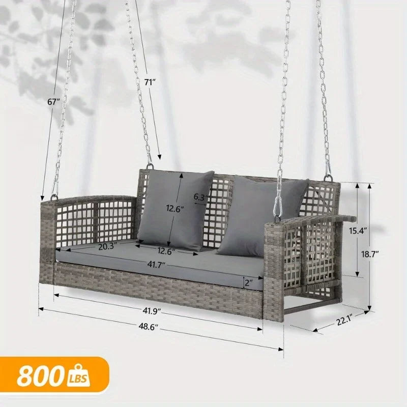 4FT Wicker Hanging Porch Swing Outdoor Rattan Swing Bench with 2 Back Cushions